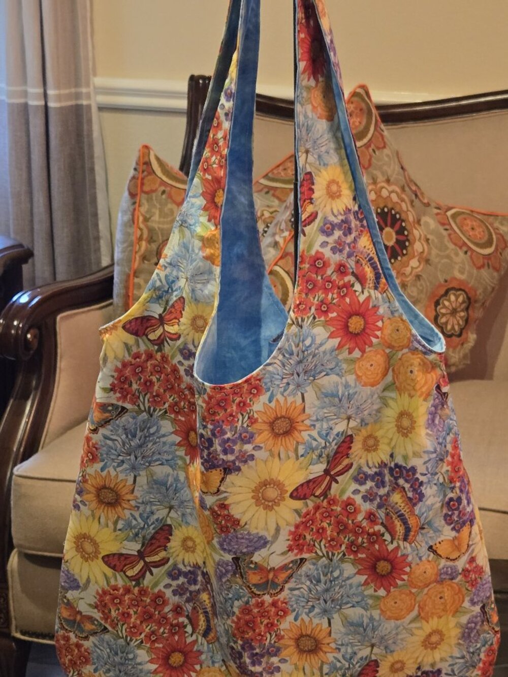 Handmade Reversible Floral Hobo Bag Floral & Blue on the Reverse